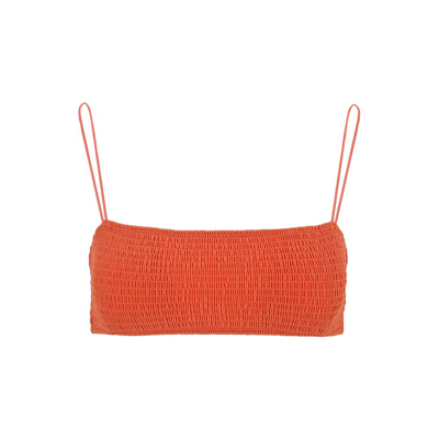 Shop Totême Smocked Spaghetti Strap Bikini Top In Orange