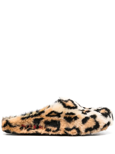 Shop Marni Leopard-print Faux-fur Slippers In Brown