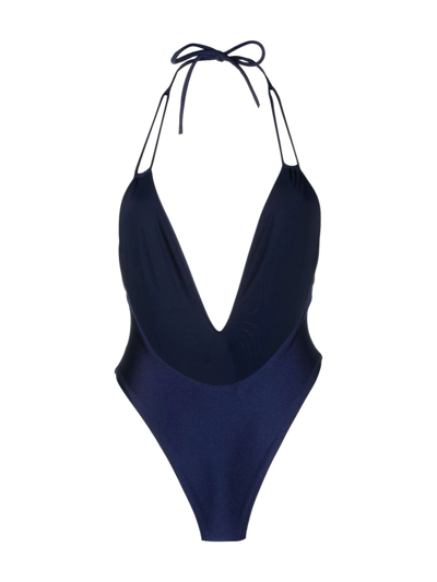 Shop Alessandra Rich Crystal-embellished Open-back Swimsuit In Blue