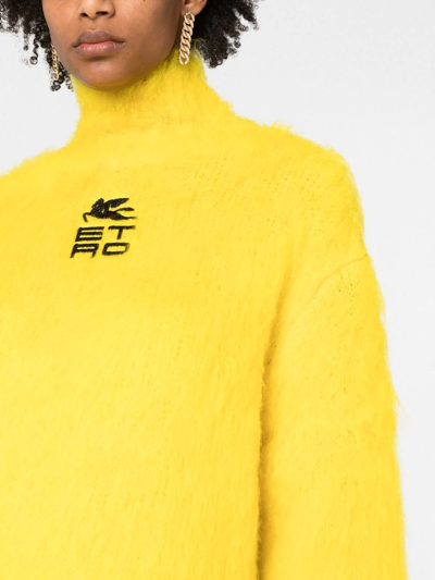 Etro Womans Turtleneck Sweater In Yellow Mohair Blend With Cube Logo In Gelb