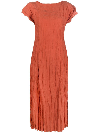 Shop Totême Crinkled Cap-sleeve Silk Dress In Orange