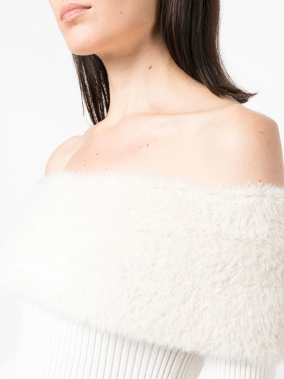 Shop Blugirl Faux-fur Trim Drop-shoulder Top In Weiss