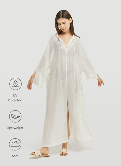Shop Nap Loungewear Semi-sheer Long-sleeve Dress In Ecru White