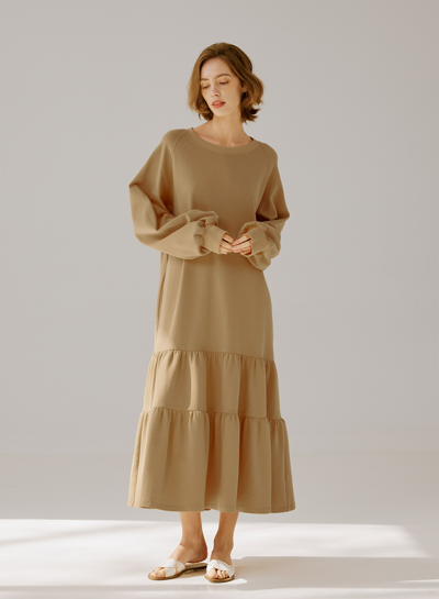 Shop Nap Loungewear Tiered Cotton Maxi Dress In Sand Brown