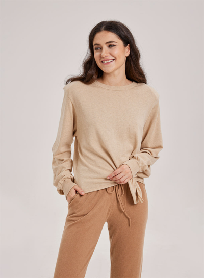 Shop Nap Loungewear Tie Front Fleece Sweater In Beige