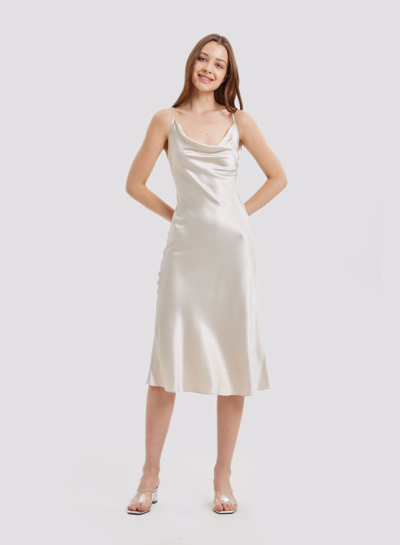 Shop Nap Loungewear Silk Satin Slip Midi Dress In Beige