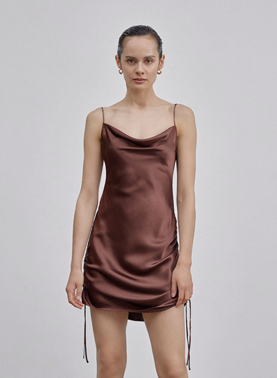 Shop Nap Loungewear Ruched Side Drawstring Silk Dress In Chocolate