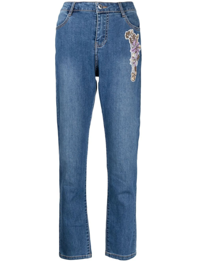Shop Twinset Embroidered Straight-leg Jeans In Blue