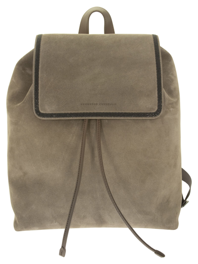 Shop Brunello Cucinelli Suede Backpack With Precious Contour In Dove Grey