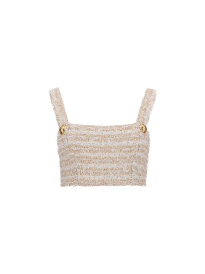 Shop Balmain Lurex Tweed Cropped Strap Top In Blanc/or
