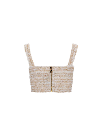 Shop Balmain Lurex Tweed Cropped Strap Top In Blanc/or