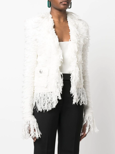 Shop Balmain Frayed Tweed Blazer In White