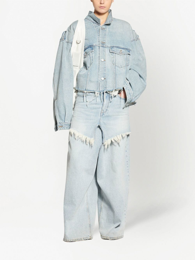 Shop Balenciaga Cropped Raw-edge Denim Jacket In Blue