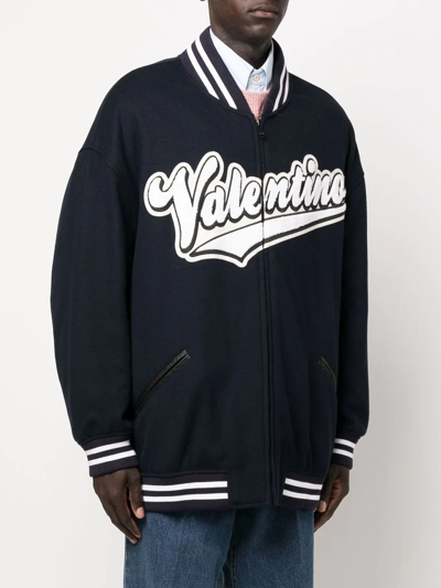 Shop Valentino Embroidered-logo Bomber Jacket In Blau