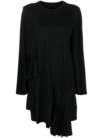 Shop Mm6 Maison Margiela Pleated Asymmetric Cotton Dress In Black