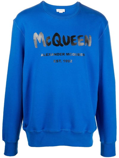 Shop Alexander Mcqueen Logo Graffiti-print Sweatshirt In Blau