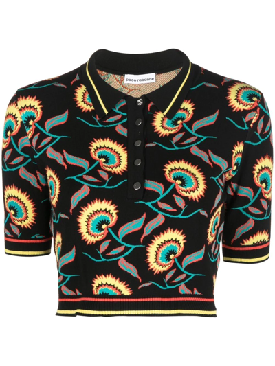 Shop Paco Rabanne Floral-print Short-sleeved Polo Shirt In Schwarz