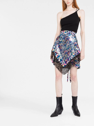 Shop Paco Rabanne Fringed Floral-print Mini Skirt In Blau