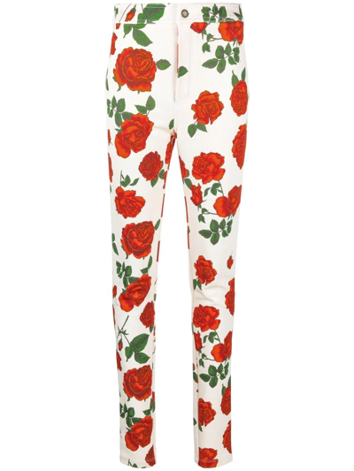 Shop Saint Laurent Rose-print Skinny-fit Trousers In Weiss