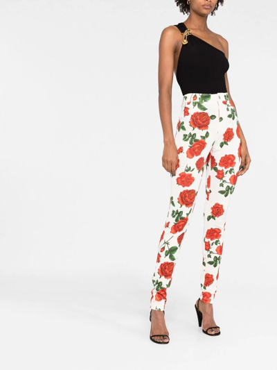 Shop Saint Laurent Rose-print Skinny-fit Trousers In Weiss