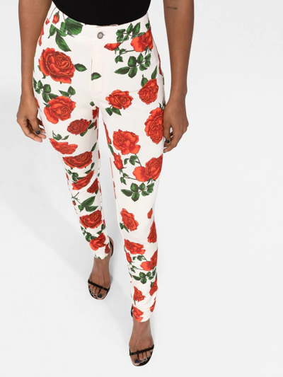 Shop Saint Laurent Rose-print Skinny-fit Trousers In Weiss