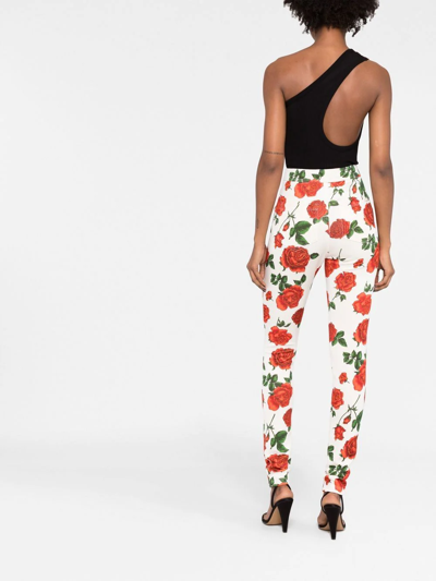 Shop Saint Laurent Rose-print Skinny-fit Trousers In Weiss