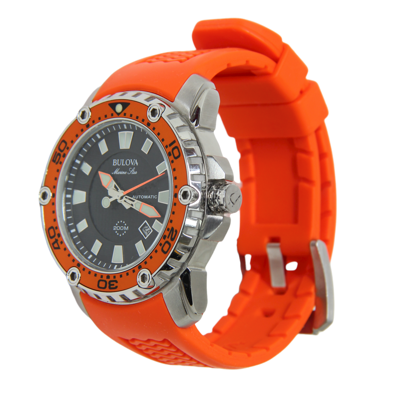 Pre owned Bulova Marine Star Mens Watch Orange Strap Black Dial 98b207 200m Stainless ModeSens
