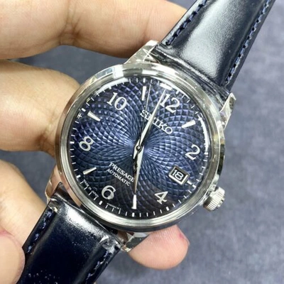 Pre-owned Seiko Srpe43j1  Presage Automatic Leather Cocktail Manhattan Blue Japan Made