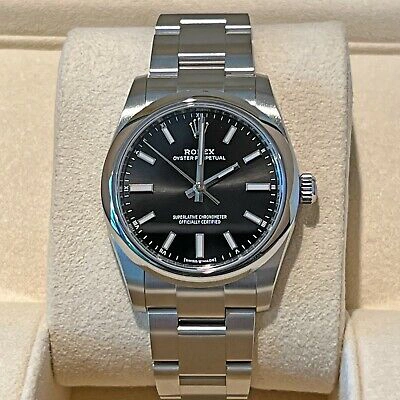 Pre-owned Rolex Ladies Oyster Perpetual 34mm, Black Dial, Ref 124200-0002, Unworn