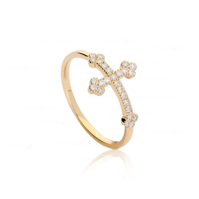 Pre-owned J.o.n 14k Gold 0.18 Ct. Genuine Diamond Unique Cross Design Ring Fine Jewelry