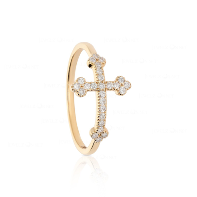 Pre-owned J.o.n 14k Gold 0.18 Ct. Genuine Diamond Unique Cross Design Ring Fine Jewelry