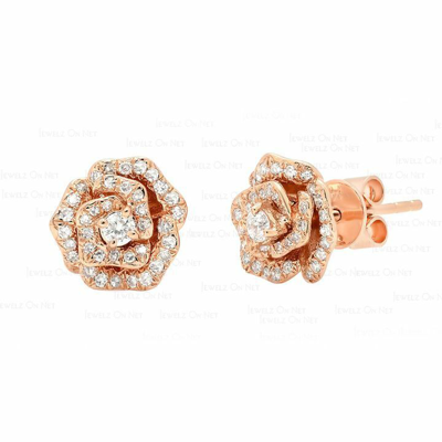 Pre-owned J.o.n 14k Gold 0.60 Ct. Genuine Diamond Rose Flower Studs Earrings Gift For Her In Yellow