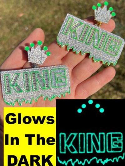 Pre-owned Silver Real 925 /gold Plated Glows In The Dark King Crown Huge Hip Hop Pendant Cz