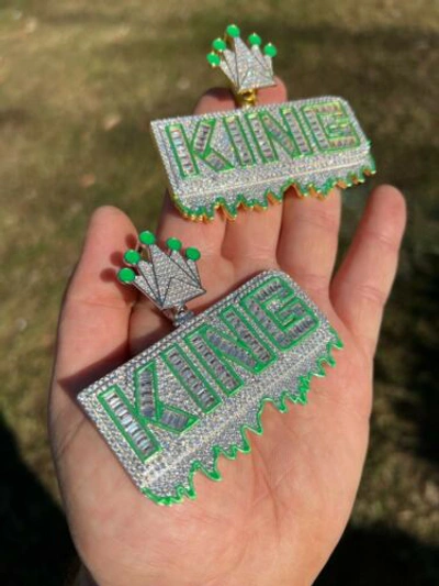 Pre-owned Silver Real 925 /gold Plated Glows In The Dark King Crown Huge Hip Hop Pendant Cz