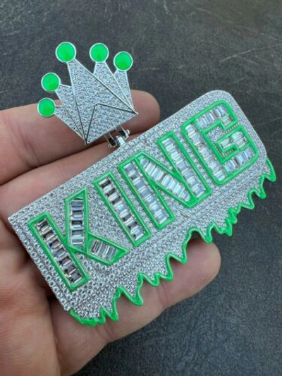 Pre-owned Silver Real 925 /gold Plated Glows In The Dark King Crown Huge Hip Hop Pendant Cz