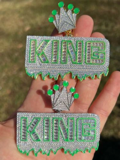 Pre-owned Silver Real 925 /gold Plated Glows In The Dark King Crown Huge Hip Hop Pendant Cz