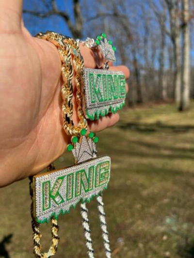 Pre-owned Silver Real 925 /gold Plated Glows In The Dark King Crown Huge Hip Hop Pendant Cz