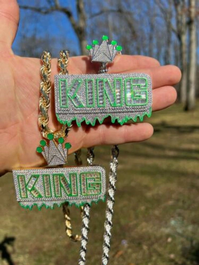 Pre-owned Silver Real 925 /gold Plated Glows In The Dark King Crown Huge Hip Hop Pendant Cz