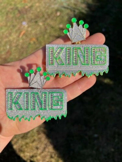 Pre-owned Silver Real 925 /gold Plated Glows In The Dark King Crown Huge Hip Hop Pendant Cz