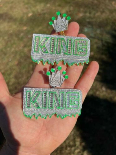 Pre-owned Silver Real 925 /gold Plated Glows In The Dark King Crown Huge Hip Hop Pendant Cz