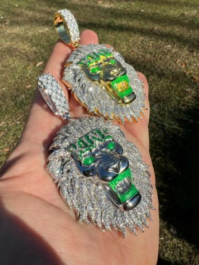 Pre-owned Silver 925  / Gold Plated Glows In The Dark Lion King Huge 3" Hip Hop Pendant Cz