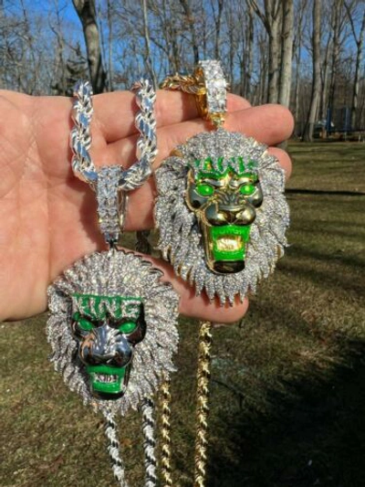 Pre-owned Silver 925  / Gold Plated Glows In The Dark Lion King Huge 3" Hip Hop Pendant Cz