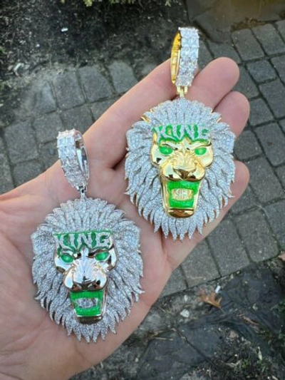 Pre-owned Silver 925  / Gold Plated Glows In The Dark Lion King Huge 3" Hip Hop Pendant Cz