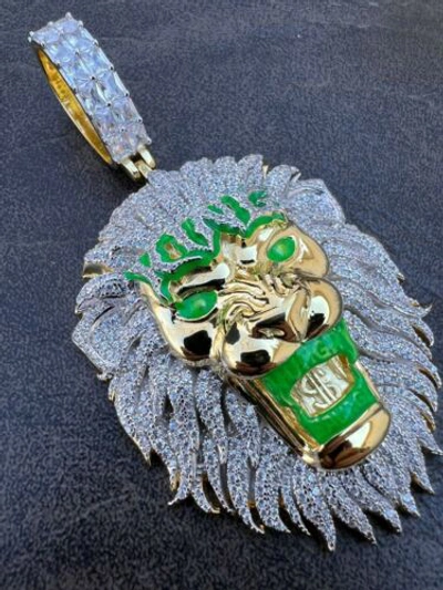 Pre-owned Silver 925  / Gold Plated Glows In The Dark Lion King Huge 3" Hip Hop Pendant Cz