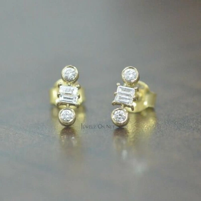 Pre-owned J.o.n 14k Gold 0.20 Ct. Genuine Round And Baguette Diamond Studs Earrings Fine Jewelry In Yellow