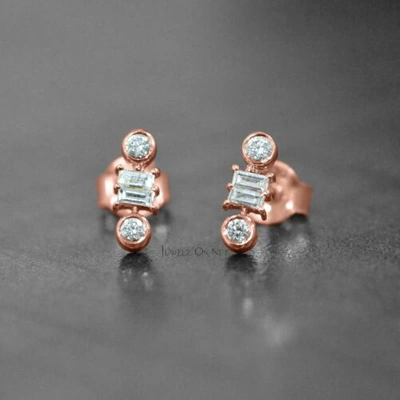Pre-owned J.o.n 14k Gold 0.20 Ct. Genuine Round And Baguette Diamond Studs Earrings Fine Jewelry In Yellow
