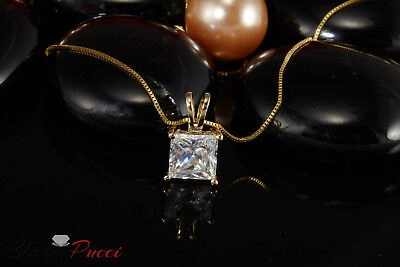 Pre-owned Pucci 2ct Princess Simulated Solitaire 14k Yellow Gold Pendant Necklace + 16" Chain In D