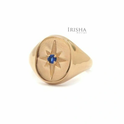 Pre-owned Irisha Designs 0.04 Ct. Blue Sapphire Stone Engraved Starburst Signet Design Ring 14k Gold