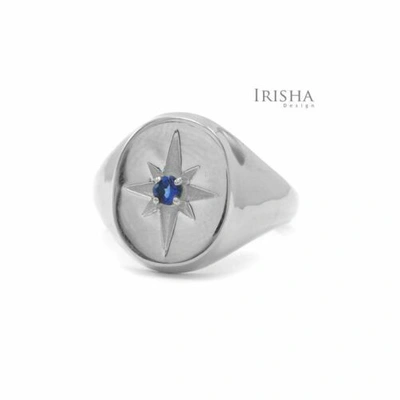 Pre-owned Irisha Designs 0.04 Ct. Blue Sapphire Stone Engraved Starburst Signet Design Ring 14k Gold