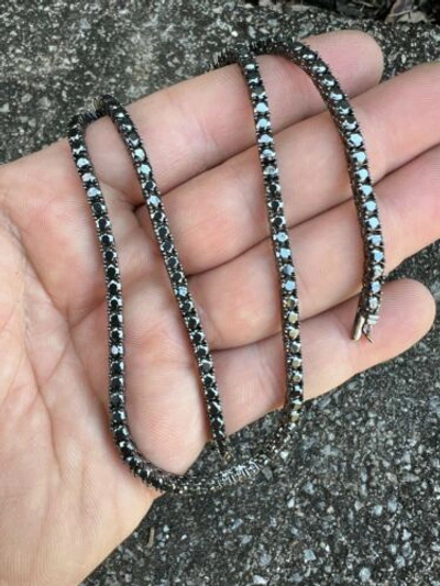 Pre-owned Harlembling Real 3mm Black Moissanite Tennis 925 Silver Chain Necklace Passes Tester 14-24"